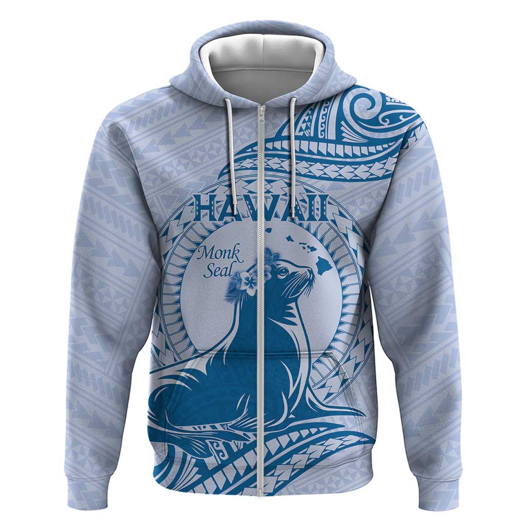 Personalised Hawaii Monk Seal Zip Hoodie Polynesian Tattoo With Tropical Flowers - Blue Pastel