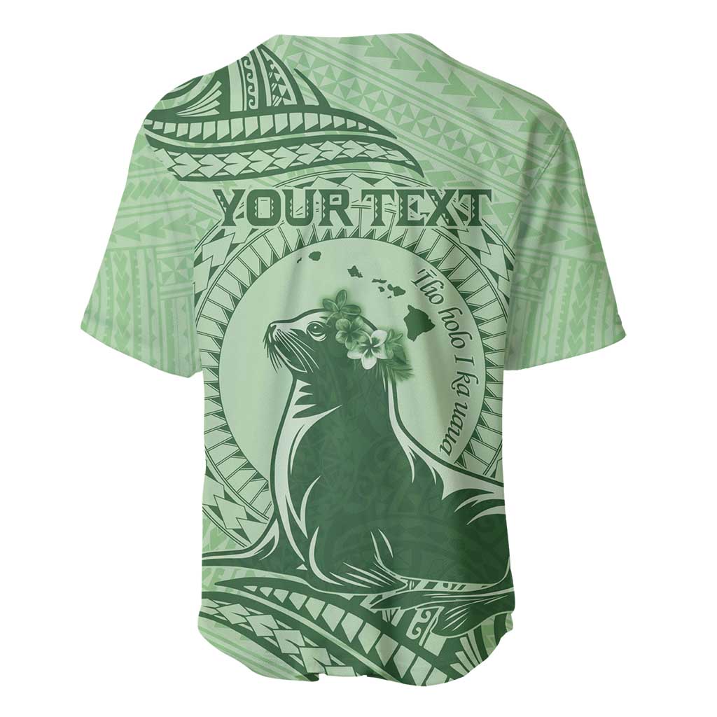 Personalised Hawaii Monk Seal Baseball Jersey Polynesian Tattoo With Tropical Flowers - Green Pastel