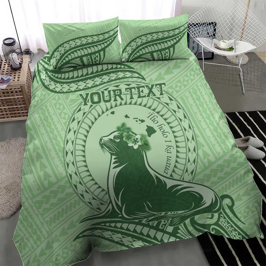 Personalised Hawaii Monk Seal Bedding Set Polynesian Tattoo With Tropical Flowers - Green Pastel