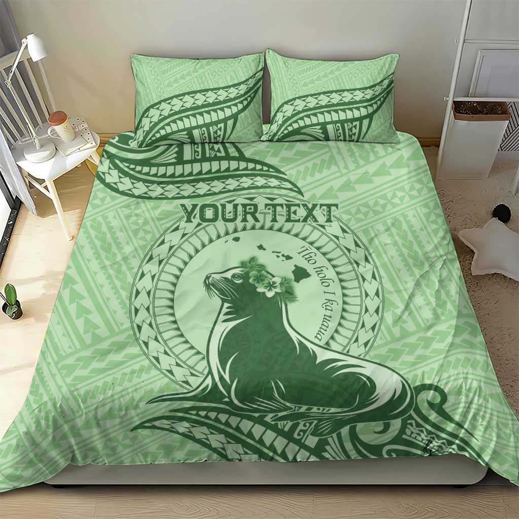 Personalised Hawaii Monk Seal Bedding Set Polynesian Tattoo With Tropical Flowers - Green Pastel