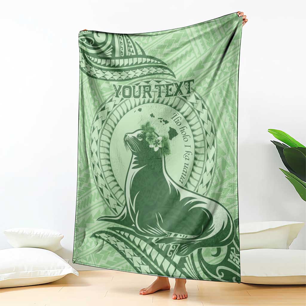 Personalised Hawaii Monk Seal Blanket Polynesian Tattoo With Tropical Flowers - Green Pastel
