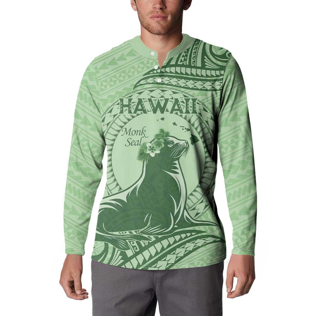 Personalised Hawaii Monk Seal Button Sweatshirt Polynesian Tattoo With Tropical Flowers - Green Pastel