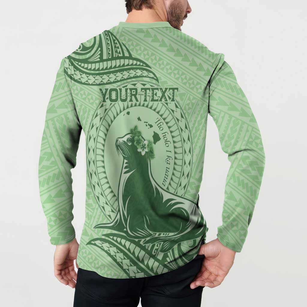 Personalised Hawaii Monk Seal Button Sweatshirt Polynesian Tattoo With Tropical Flowers - Green Pastel