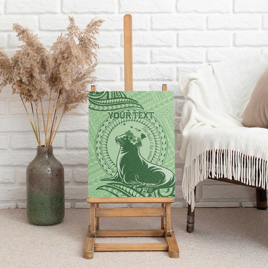 Personalised Hawaii Monk Seal Canvas Wall Art Polynesian Tattoo With Tropical Flowers - Green Pastel