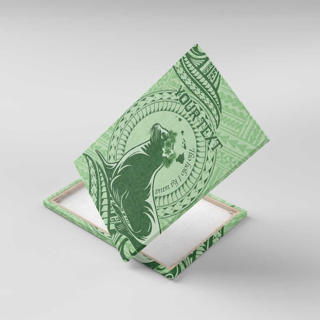 Personalised Hawaii Monk Seal Canvas Wall Art Polynesian Tattoo With Tropical Flowers - Green Pastel