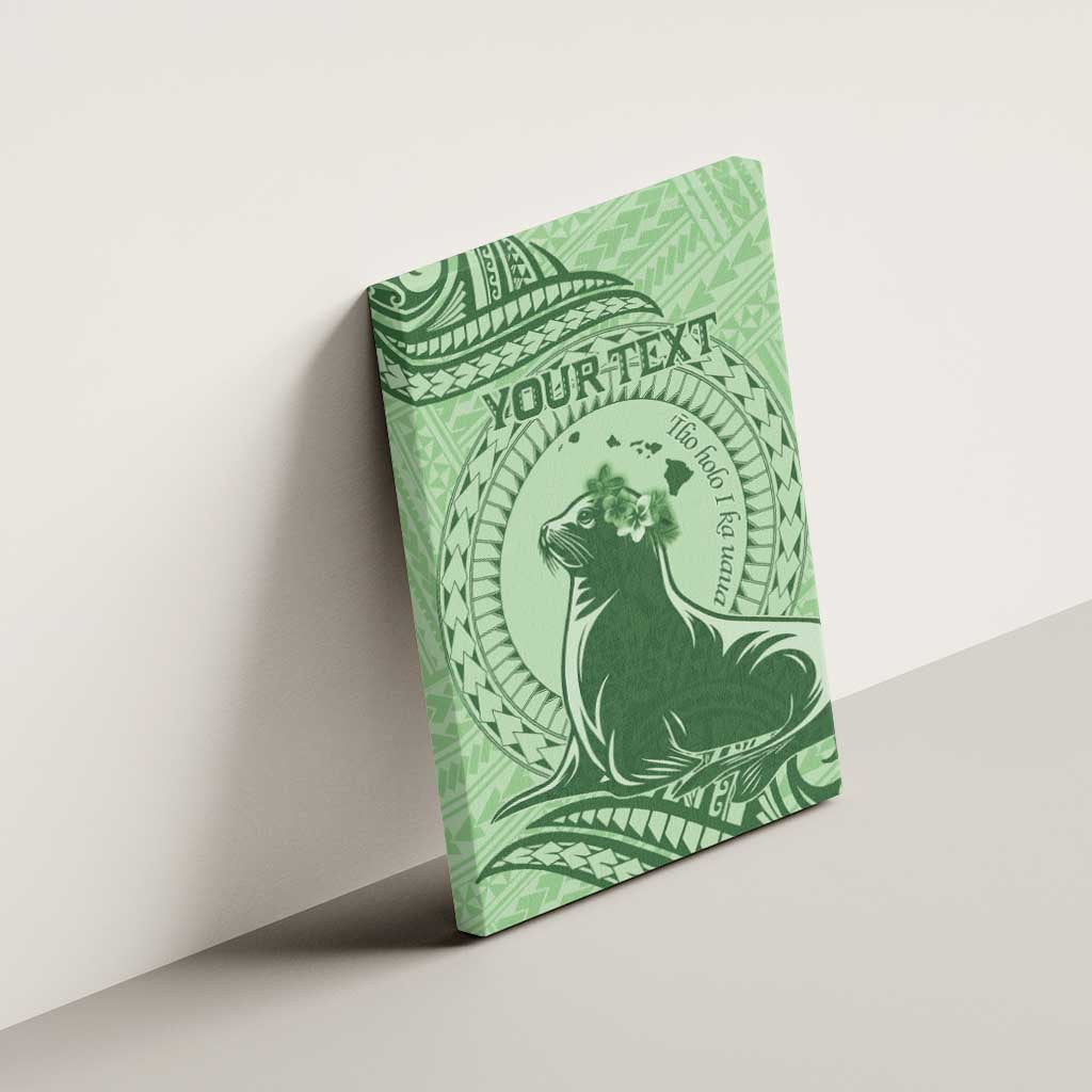 Personalised Hawaii Monk Seal Canvas Wall Art Polynesian Tattoo With Tropical Flowers - Green Pastel