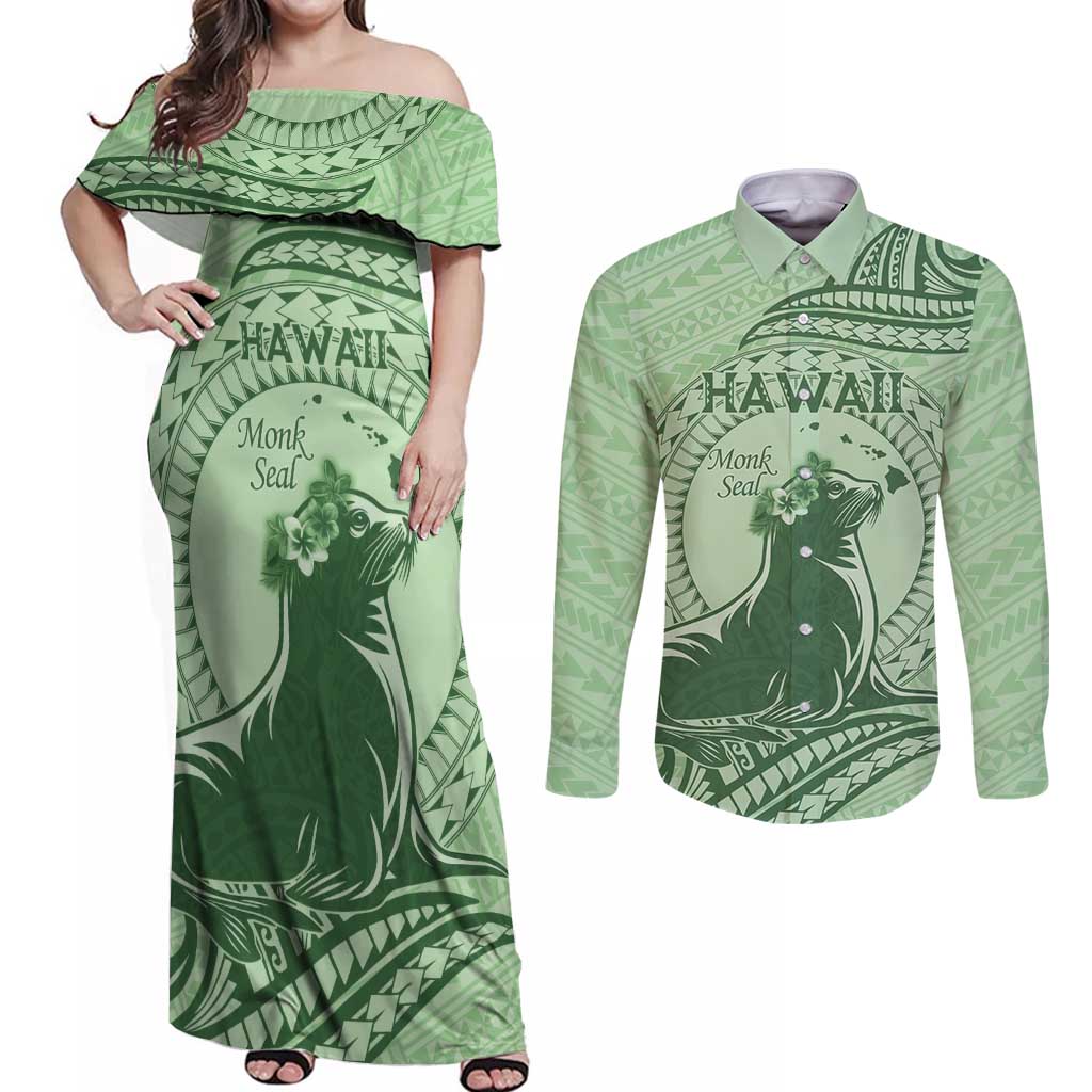 Personalised Hawaii Monk Seal Couples Matching Off Shoulder Maxi Dress and Long Sleeve Button Shirt Polynesian Tattoo With Tropical Flowers - Green Pastel