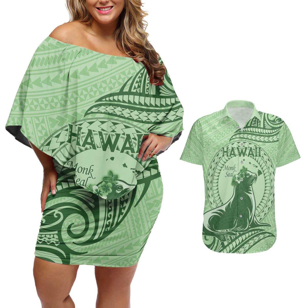 Personalised Hawaii Monk Seal Couples Matching Off Shoulder Short Dress and Hawaiian Shirt Polynesian Tattoo With Tropical Flowers - Green Pastel