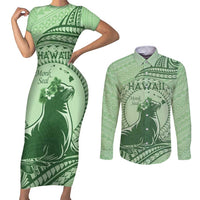 Personalised Hawaii Monk Seal Couples Matching Short Sleeve Bodycon Dress and Long Sleeve Button Shirt Polynesian Tattoo With Tropical Flowers - Green Pastel