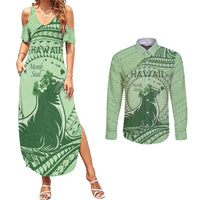 Personalised Hawaii Monk Seal Couples Matching Summer Maxi Dress and Long Sleeve Button Shirt Polynesian Tattoo With Tropical Flowers - Green Pastel