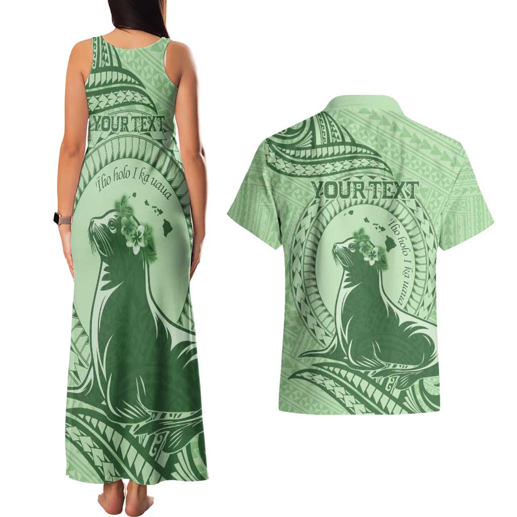 Personalised Hawaii Monk Seal Couples Matching Tank Maxi Dress and Hawaiian Shirt Polynesian Tattoo With Tropical Flowers - Green Pastel
