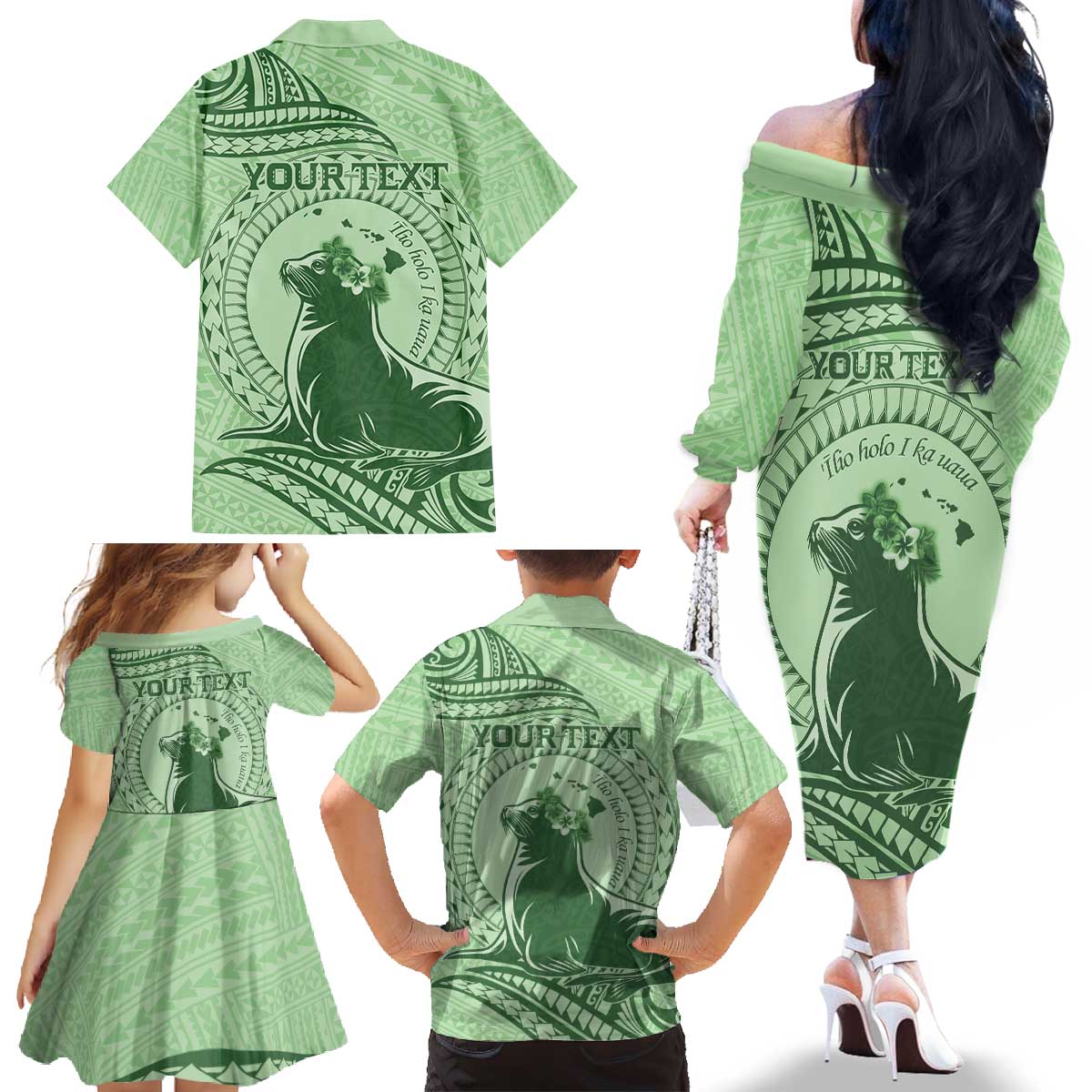Personalised Hawaii Monk Seal Family Matching Off The Shoulder Long Sleeve Dress and Hawaiian Shirt Polynesian Tattoo With Tropical Flowers - Green Pastel