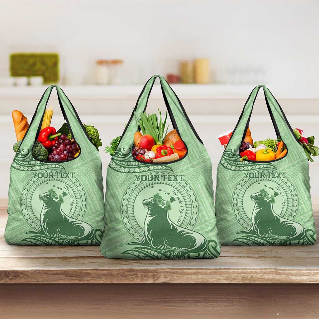 Personalised Hawaii Monk Seal Grocery Bag Polynesian Tattoo With Tropical Flowers - Green Pastel