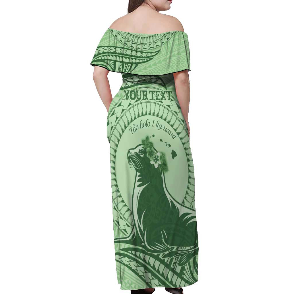 Personalised Hawaii Monk Seal Off Shoulder Maxi Dress Polynesian Tattoo With Tropical Flowers - Green Pastel
