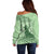 Personalised Hawaii Monk Seal Off Shoulder Sweater Polynesian Tattoo With Tropical Flowers - Green Pastel