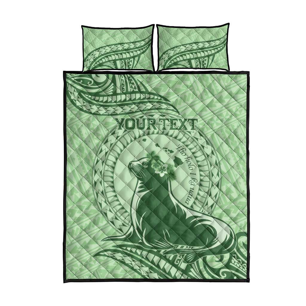 Personalised Hawaii Monk Seal Quilt Bed Set Polynesian Tattoo With Tropical Flowers - Green Pastel