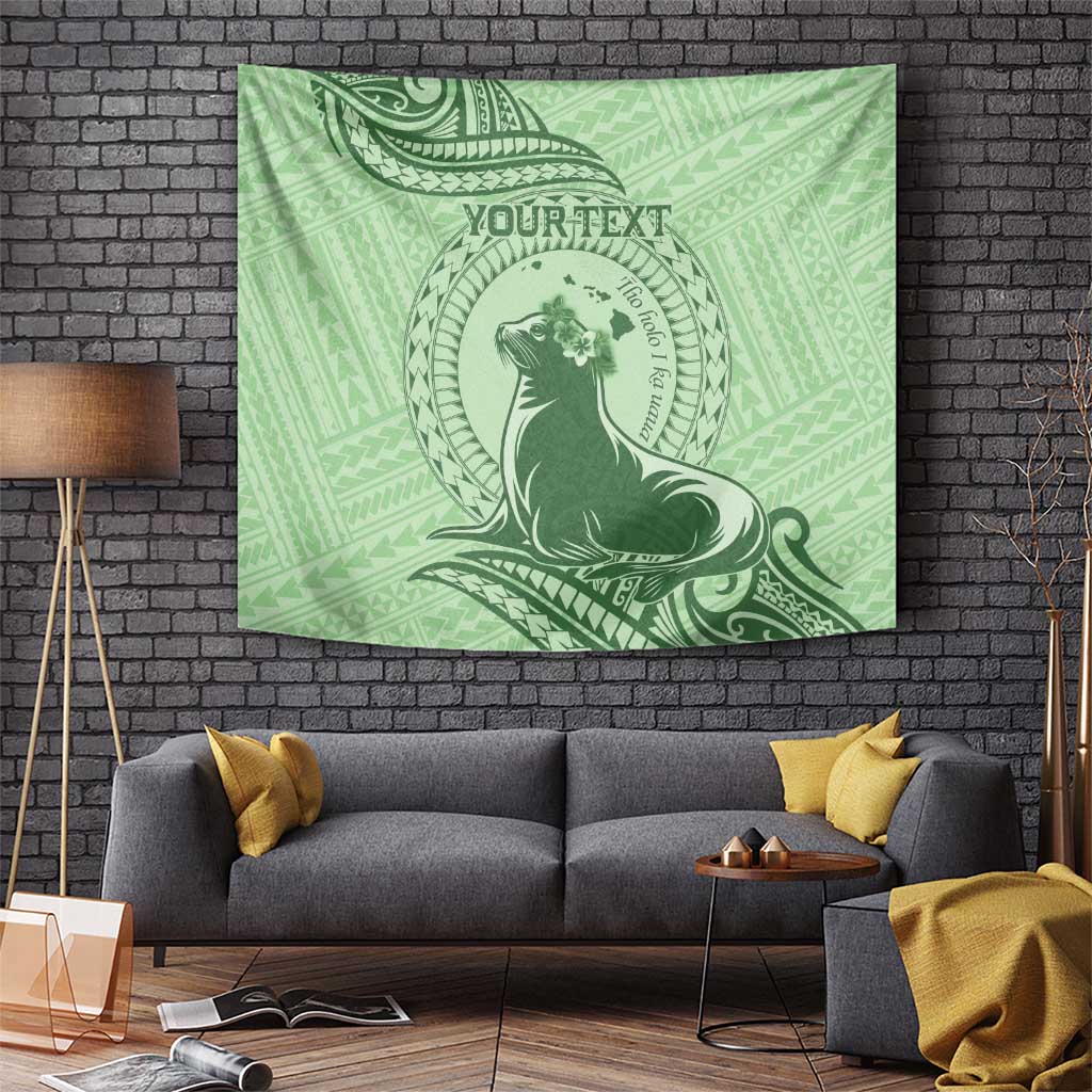 Personalised Hawaii Monk Seal Tapestry Polynesian Tattoo With Tropical Flowers - Green Pastel