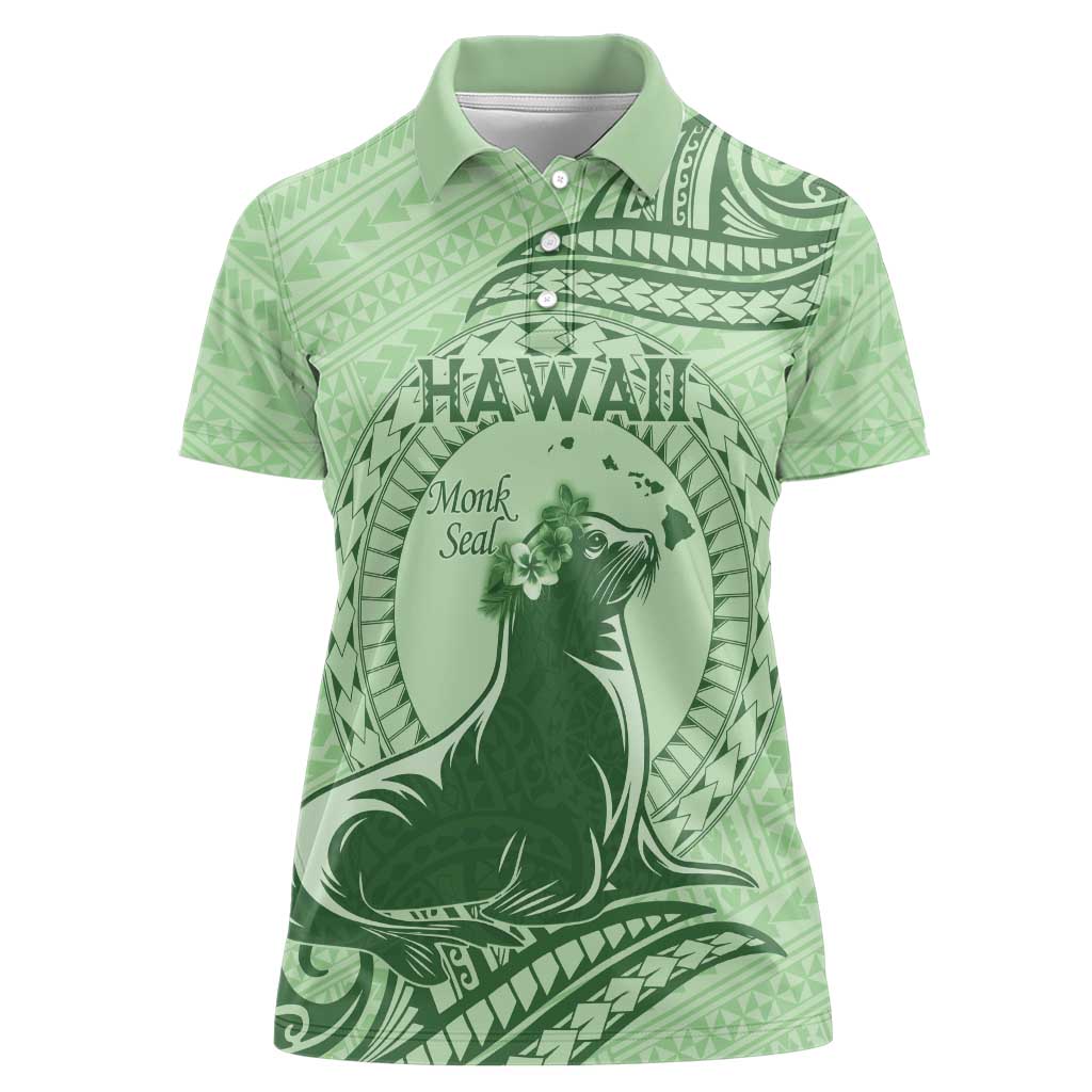 Personalised Hawaii Monk Seal Women Polo Shirt Polynesian Tattoo With Tropical Flowers - Green Pastel