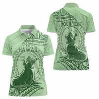 Personalised Hawaii Monk Seal Women Polo Shirt Polynesian Tattoo With Tropical Flowers - Green Pastel