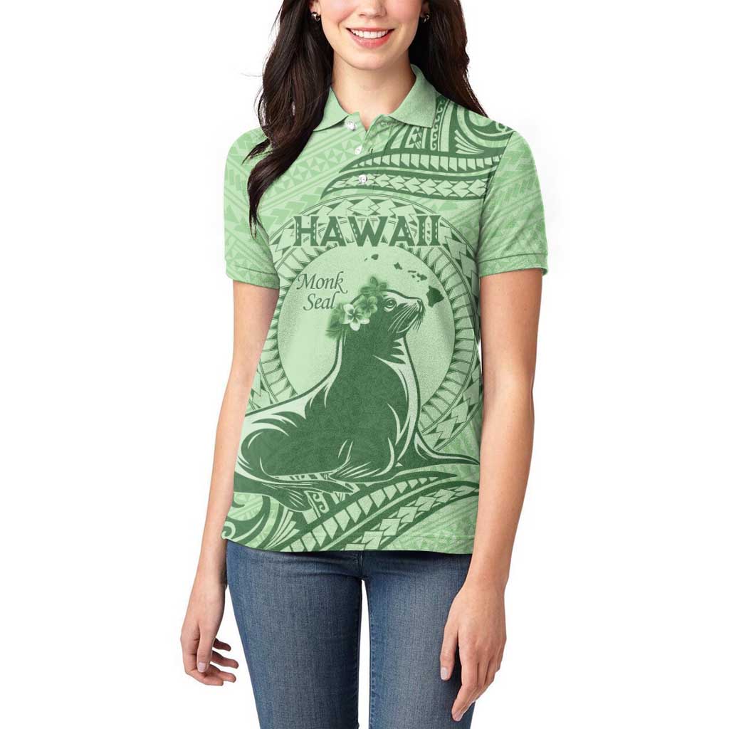 Personalised Hawaii Monk Seal Women Polo Shirt Polynesian Tattoo With Tropical Flowers - Green Pastel
