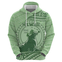 Personalised Hawaii Monk Seal Zip Hoodie Polynesian Tattoo With Tropical Flowers - Green Pastel