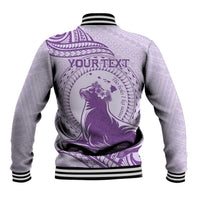 Personalised Hawaii Monk Seal Baseball Jacket Polynesian Tattoo With Tropical Flowers - Purple Pastel