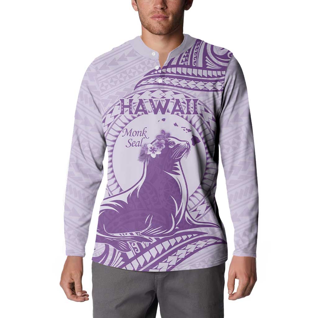 Personalised Hawaii Monk Seal Button Sweatshirt Polynesian Tattoo With Tropical Flowers - Purple Pastel