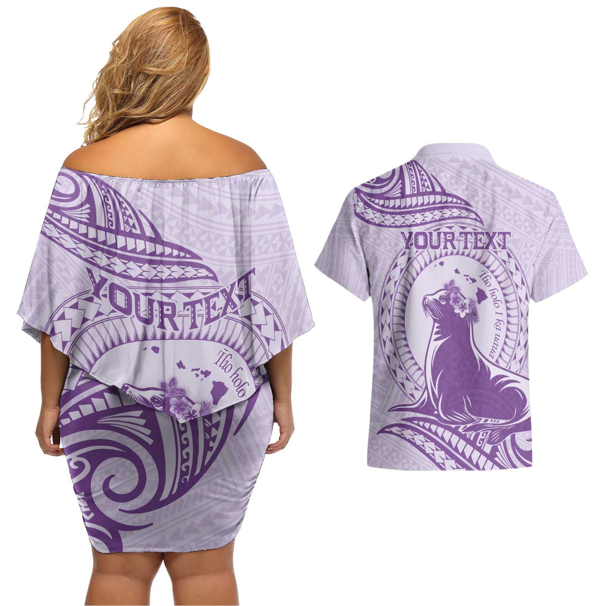 Personalised Hawaii Monk Seal Couples Matching Off Shoulder Short Dress and Hawaiian Shirt Polynesian Tattoo With Tropical Flowers - Purple Pastel