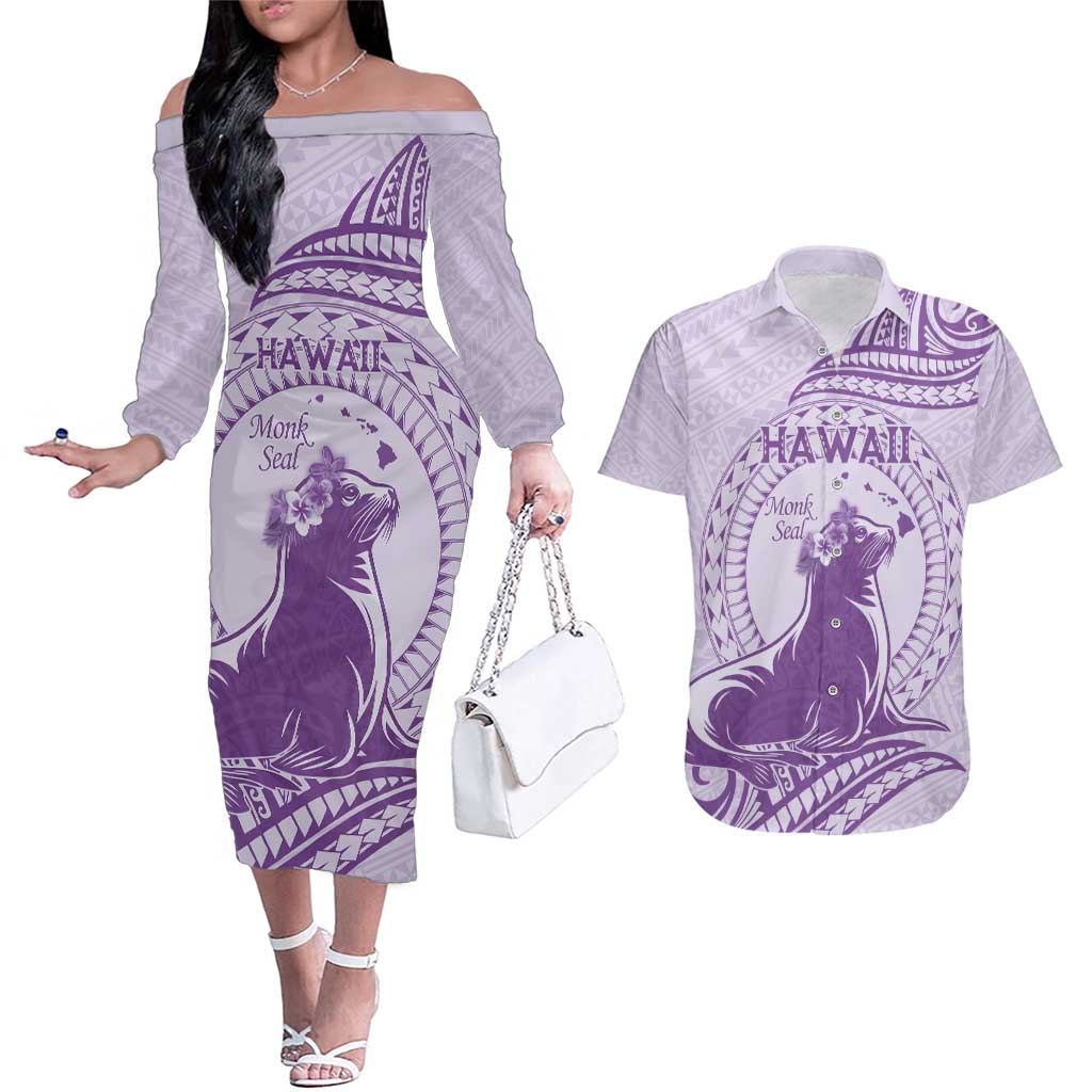 Personalised Hawaii Monk Seal Couples Matching Off The Shoulder Long Sleeve Dress and Hawaiian Shirt Polynesian Tattoo With Tropical Flowers - Purple Pastel