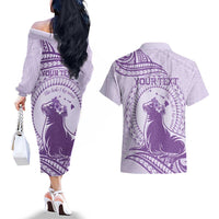 Personalised Hawaii Monk Seal Couples Matching Off The Shoulder Long Sleeve Dress and Hawaiian Shirt Polynesian Tattoo With Tropical Flowers - Purple Pastel