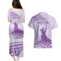 Personalised Hawaii Monk Seal Couples Matching Puletasi and Hawaiian Shirt Polynesian Tattoo With Tropical Flowers - Purple Pastel