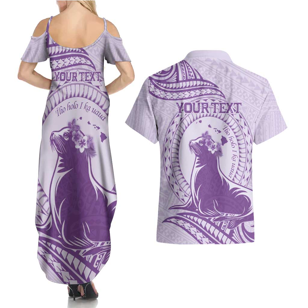 Personalised Hawaii Monk Seal Couples Matching Summer Maxi Dress and Hawaiian Shirt Polynesian Tattoo With Tropical Flowers - Purple Pastel