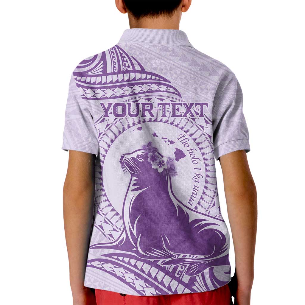 Personalised Hawaii Monk Seal Kid Polo Shirt Polynesian Tattoo With Tropical Flowers - Purple Pastel