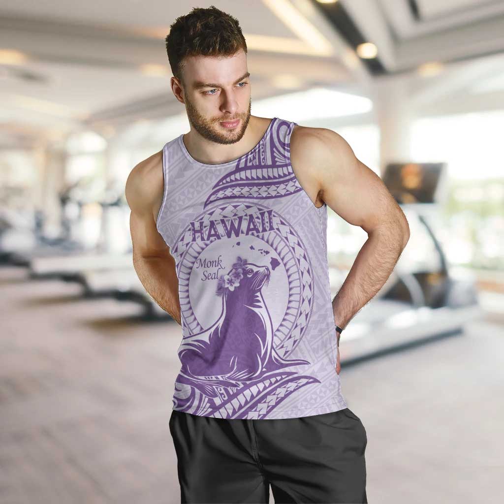 Personalised Hawaii Monk Seal Men Tank Top Polynesian Tattoo With Tropical Flowers - Purple Pastel