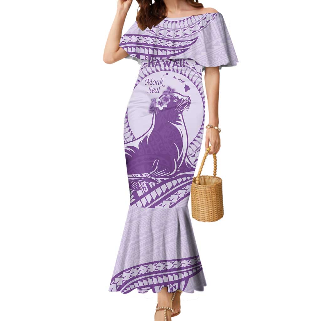 Personalised Hawaii Monk Seal Mermaid Dress Polynesian Tattoo With Tropical Flowers - Purple Pastel