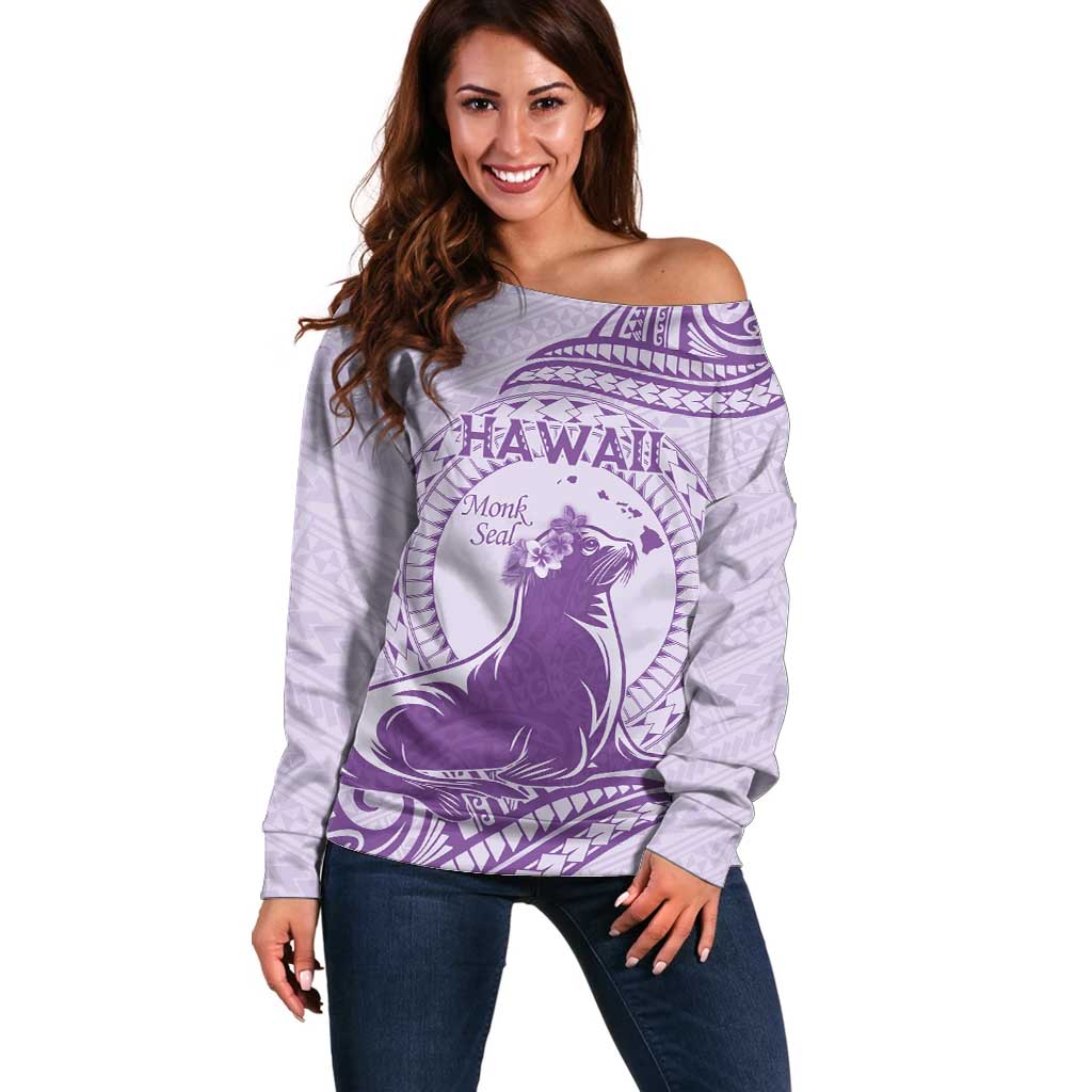 Personalised Hawaii Monk Seal Off Shoulder Sweater Polynesian Tattoo With Tropical Flowers - Purple Pastel