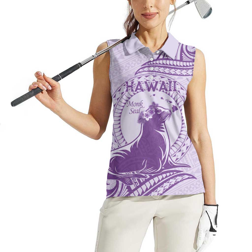 Personalised Hawaii Monk Seal Women Sleeveless Polo Shirt Polynesian Tattoo With Tropical Flowers - Purple Pastel