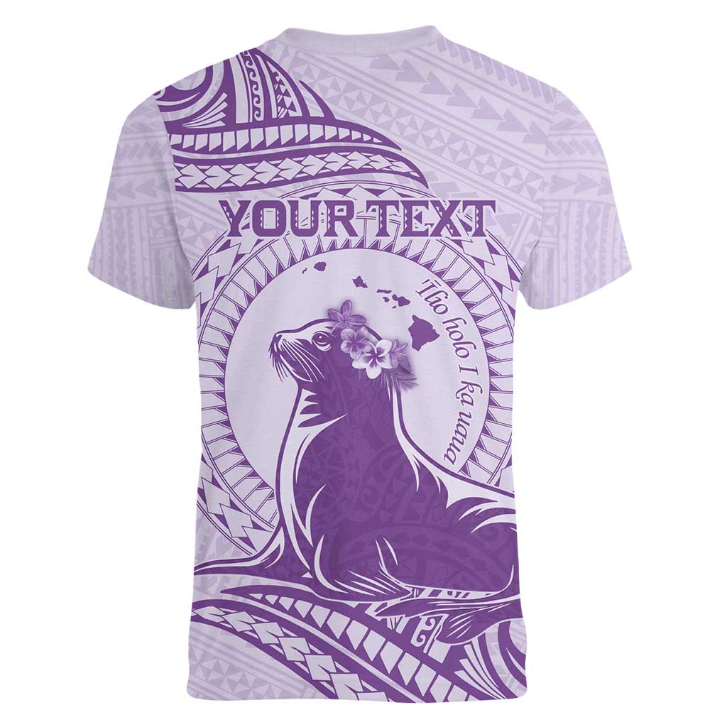 Personalised Hawaii Monk Seal Women V-Neck T-Shirt Polynesian Tattoo With Tropical Flowers - Purple Pastel
