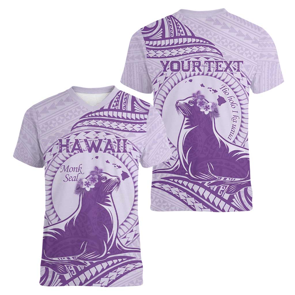 Personalised Hawaii Monk Seal Women V-Neck T-Shirt Polynesian Tattoo With Tropical Flowers - Purple Pastel
