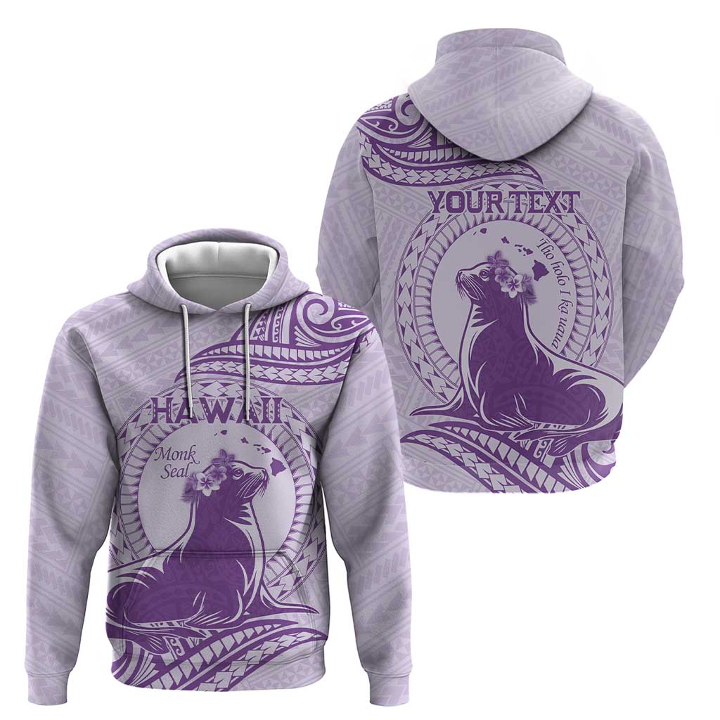 Personalised Hawaii Monk Seal Zip Hoodie Polynesian Tattoo With Tropical Flowers - Purple Pastel