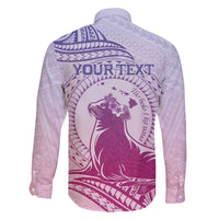 Personalised Hawaii Monk Seal Family Matching Off The Shoulder Long Sleeve Dress and Hawaiian Shirt Polynesian Tattoo With Tropical Flowers - Purple Gradient