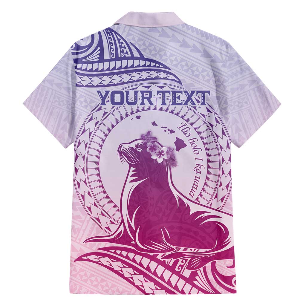 Personalised Hawaii Monk Seal Family Matching Off Shoulder Maxi Dress and Hawaiian Shirt Polynesian Tattoo With Tropical Flowers - Purple Gradient