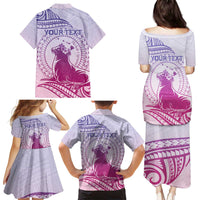 Personalised Hawaii Monk Seal Family Matching Puletasi and Hawaiian Shirt Polynesian Tattoo With Tropical Flowers - Purple Gradient