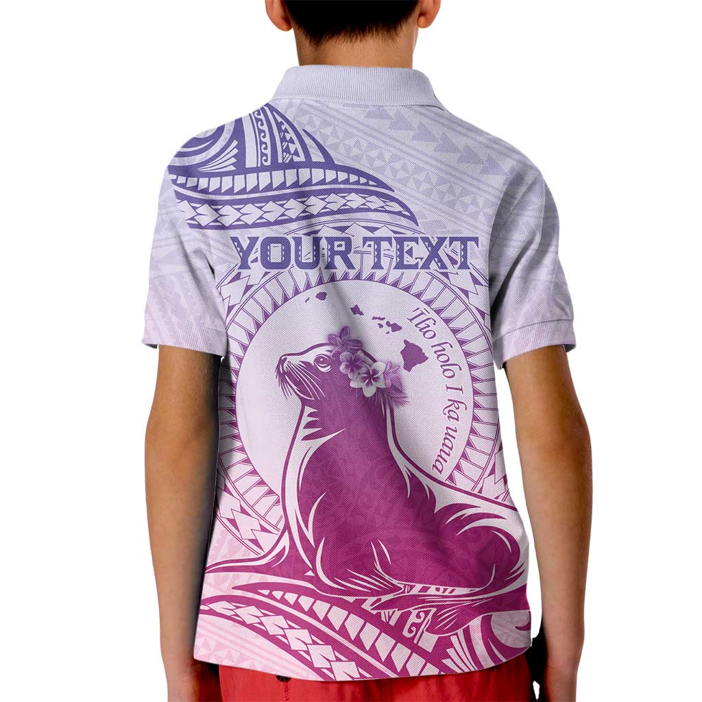 Personalised Hawaii Monk Seal Kid Polo Shirt Polynesian Tattoo With Tropical Flowers - Purple Gradient