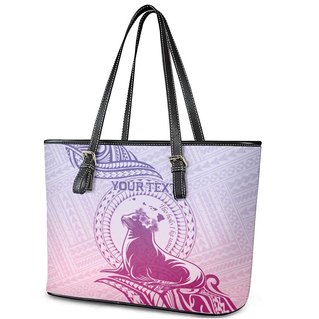 Personalised Hawaii Monk Seal Leather Tote Bag Polynesian Tattoo With Tropical Flowers - Purple Gradient