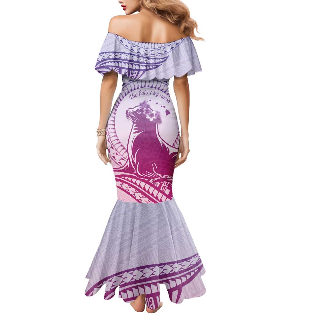 Personalised Hawaii Monk Seal Mermaid Dress Polynesian Tattoo With Tropical Flowers - Purple Gradient