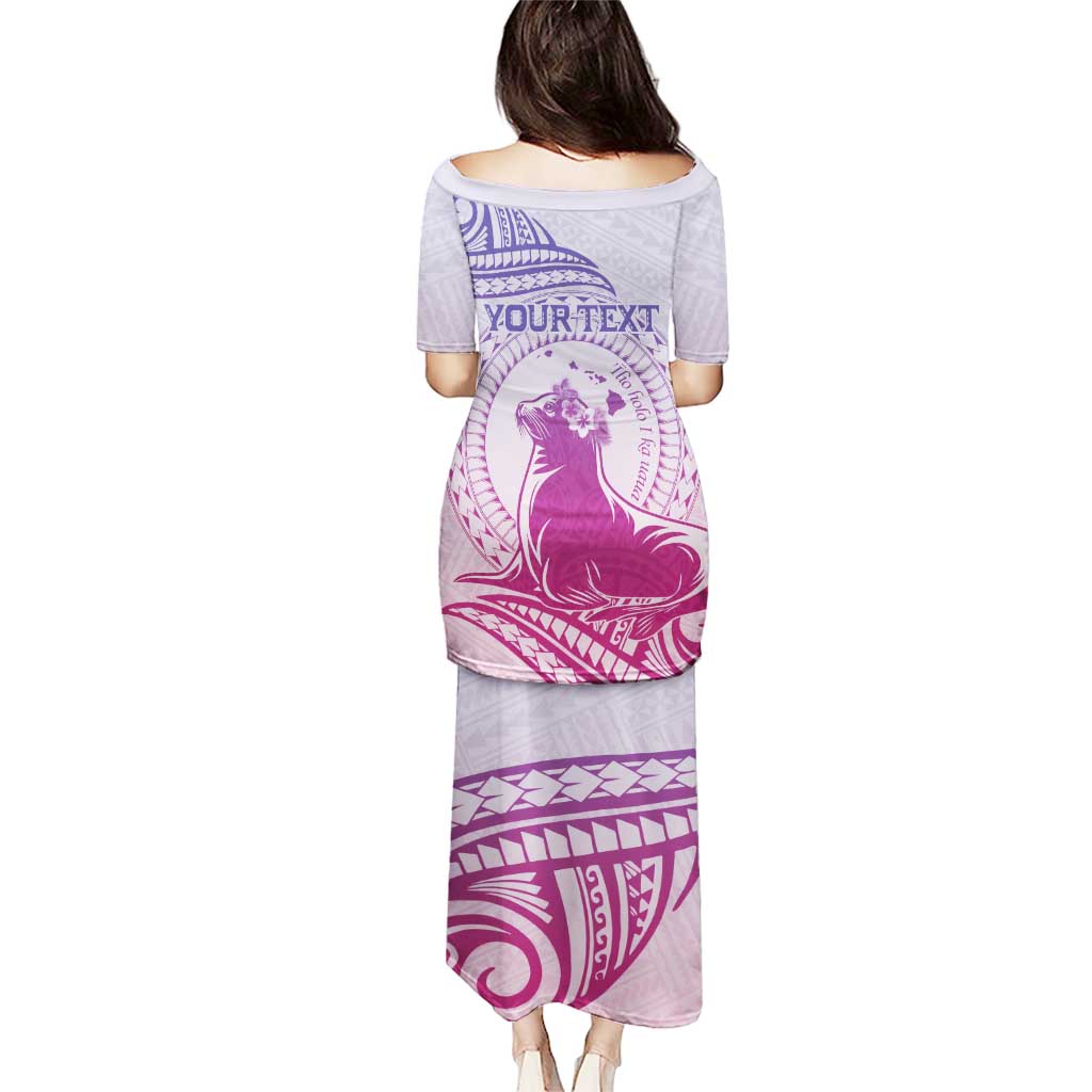 Personalised Hawaii Monk Seal Puletasi Polynesian Tattoo With Tropical Flowers - Purple Gradient