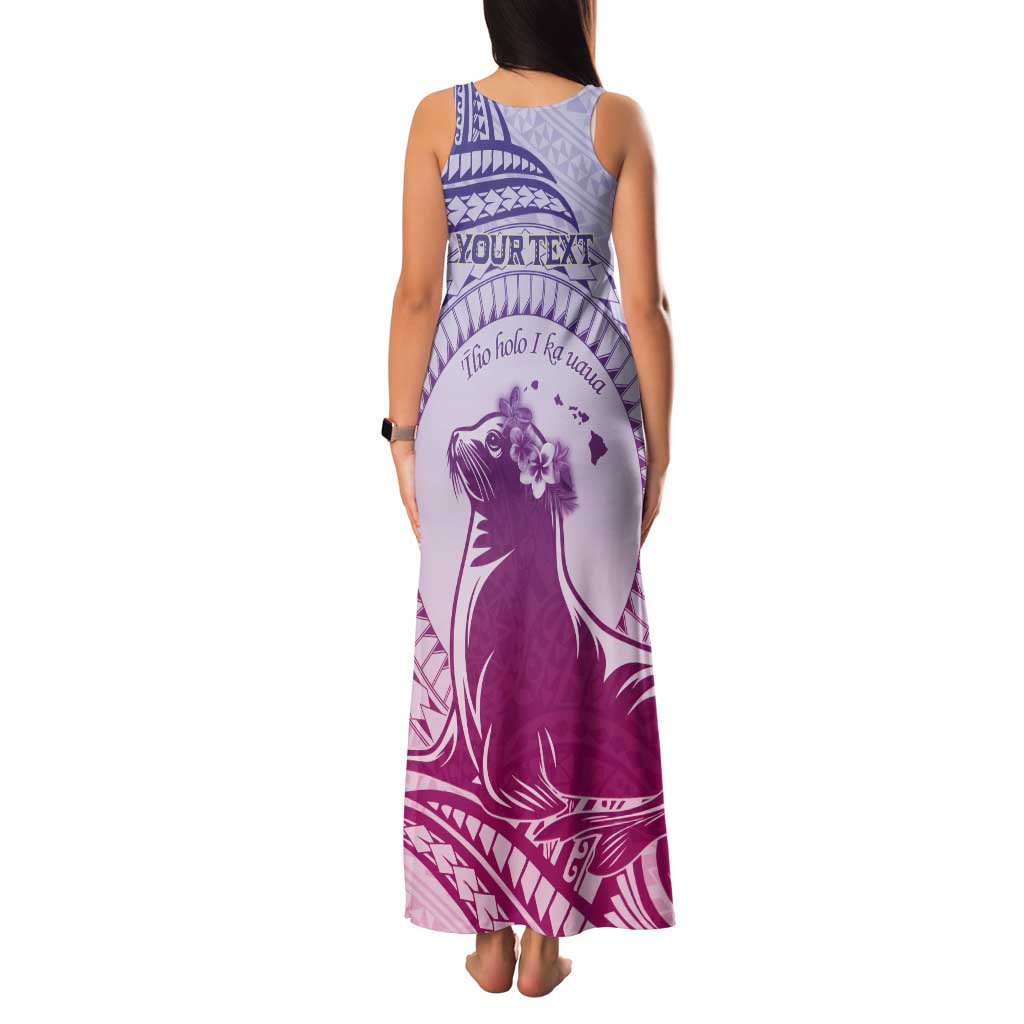 Personalised Hawaii Monk Seal Tank Maxi Dress Polynesian Tattoo With Tropical Flowers - Purple Gradient