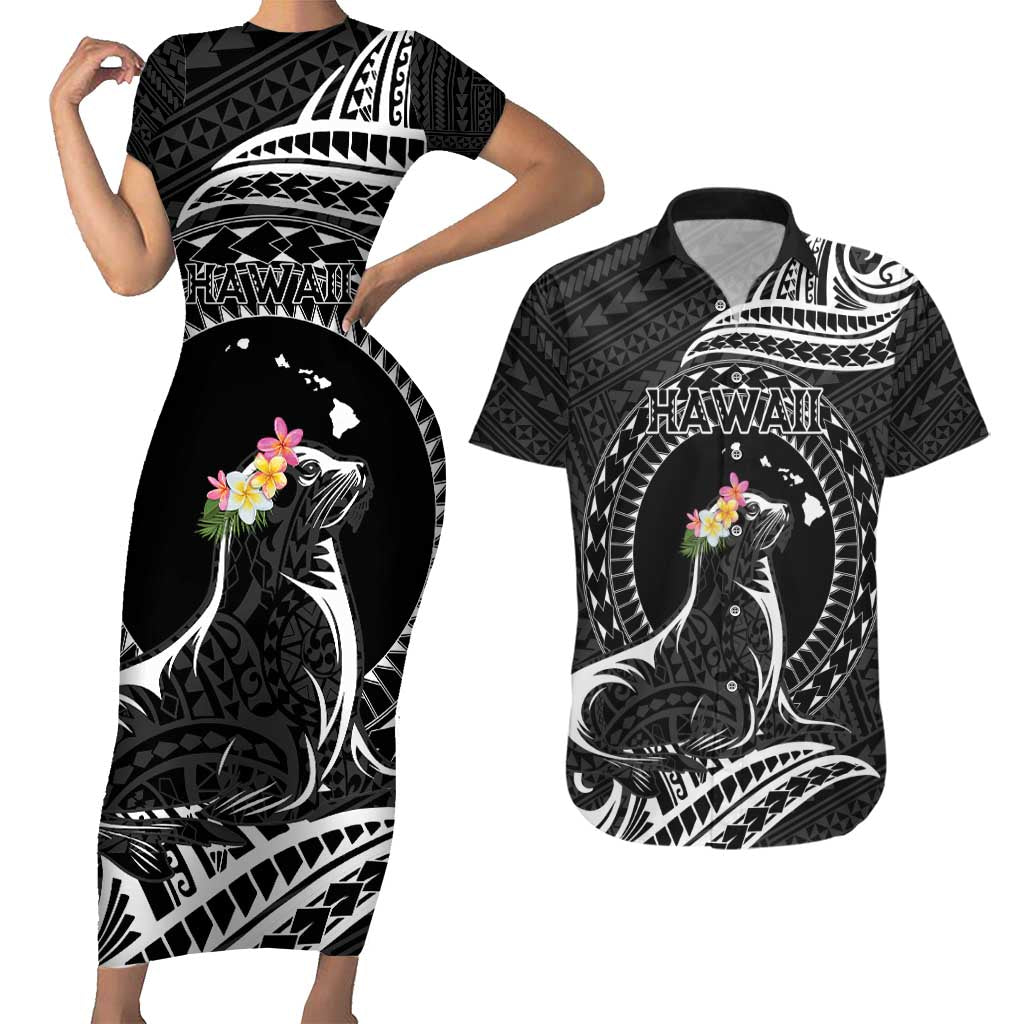 Personalised Hawaii Monk Seal Couples Matching Short Sleeve Bodycon Dress and Hawaiian Shirt Polynesian Tattoo With Tropical Flowers - Black