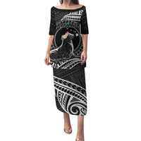 Personalised Hawaii Monk Seal Family Matching Puletasi and Hawaiian Shirt Polynesian Tattoo With Tropical Flowers - Black